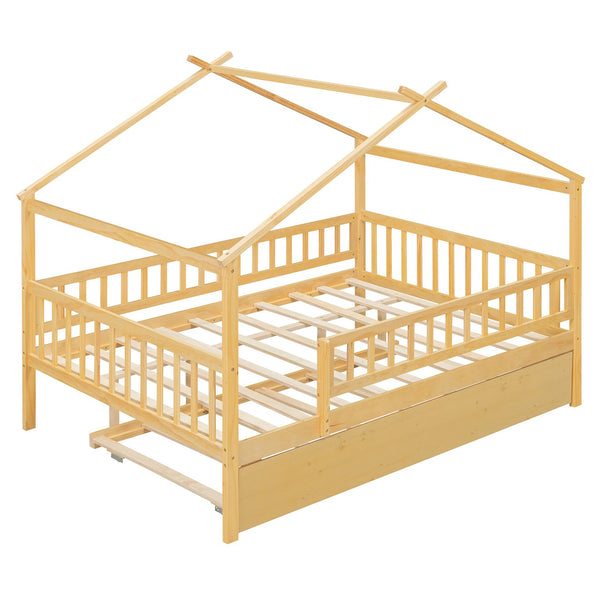 English Elm Full Size Pine House Bed with Roofline Frame and Roll Out Twin Trundle for Kids Natural LP100306AAN
