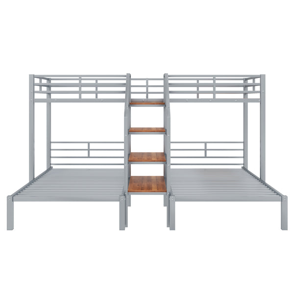 English Elm Metal Triple Bunk Bed Space-Saving Twin over Twin & Twin Design with Staircase Storage Shelves, Durable Metal Frame Silver GX001115AAN