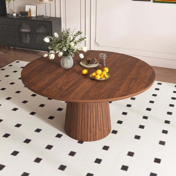 English Elm 47 Inch Round Marble Veneer Mdf Dining Table Seats Four with Slim Wood Strip Base Walnut W2700P404637