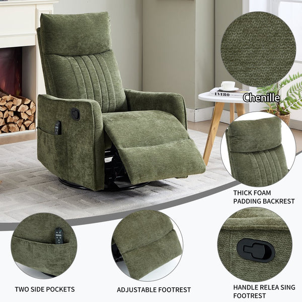 English Elm Beige Fabric Swivel Rocker Recliner with Massage Nodes and Lumbar Heat for Living Room Antique Green W1803P363423