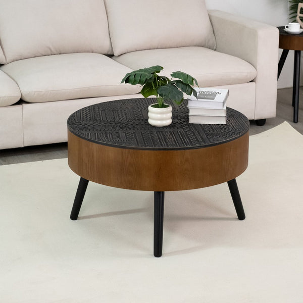 English Elm 31.5-inch Round Carved Wood Coffee Table Vintage Distressed Finish Living Room Accent W3935P406036