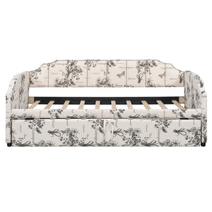 English Elm Twin Linen Upholstered Daybed with Pop up Trundle and Built in Usb Charging White Tossed Botanical SF000199AAZ