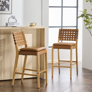 English Elm Christopher Knight Home® - Rieti PU Leather Barstools Set of 2 — Natural Rubberwood Frame, Geometric Crossback, Riveted Accents N775P271408B