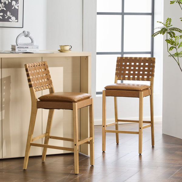English Elm Christopher Knight Home® - Rieti PU Leather Barstools Set of 2 — Natural Rubberwood Frame, Geometric Crossback, Riveted Accents N775P271408B
