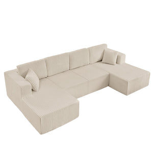 English Elm U-shaped Modular Corduroy Sectional Sofa Sleeper Spacious Living Room Lounge Couch Beige W487S00425