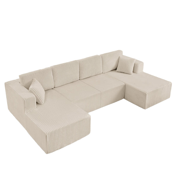 English Elm U-shaped Modular Corduroy Sectional Sofa Sleeper Spacious Living Room Lounge Couch Beige W487S00425
