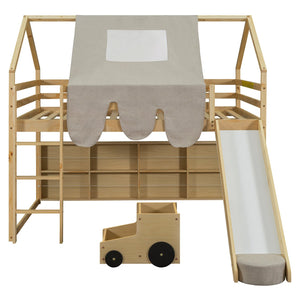 English Elm Full Size Kids House Loft Bed Pinewood Frame with Tent Slide and Play Storage Natural LT000683AAD