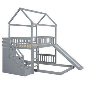 English Elm Twin Over Full Bunk Bed Playhouse Frame with Slide Staircase and Storage Drawers LT100129AAE