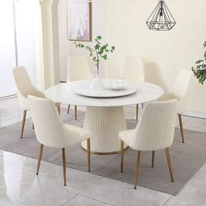 English Elm 59"modern Sintered Stone Round Dining Table Set Seats Six with Sculptural Leather Pedestal W509S00166