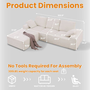 English Elm 103.5" Cloud Sectional Couch with L-Shape Chaise - No Assembly Modular Sofa, Plush Corduroy, Deep Seat Comfort Off White T3801S00005