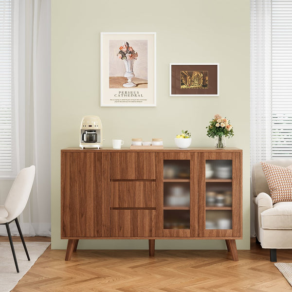 English Elm Farmhouse Buffet Cabinet with Pop-Up Doors and 3 Drawers — Rustic 55.5" Sideboard for Dining Room Walnut T3623P408446