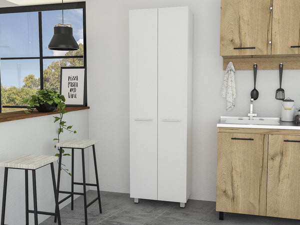 English Elm Pensacola, White Double Door Pantry Cabinet 78" High with Five 14.5" Shelves, Particle Board Storage B128S00142