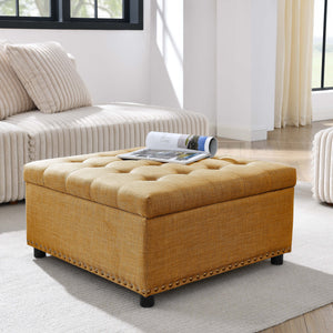 English Elm Tufted Linen Square Ottoman with Lift Top Storage Nailhead Trim Living Room Ginger B2748P481669