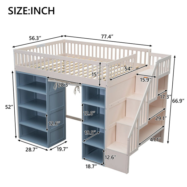 English Elm Full Size Loft Bed With Stylish Storage Cabinets, Privacy Curtain & Multi-Functional Design - White/Blue GX003006AAK