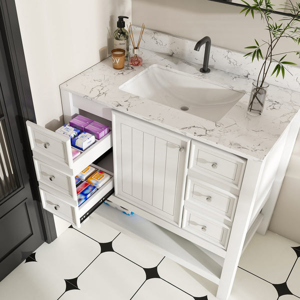 English Elm Modern 37" Bathroom Vanity With Carrara White Top - Sleek, Functional Storage & Easy Assembly! W509S00136