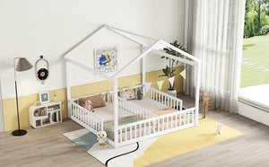 English Elm Double Twin House-Style Floor Bed with Fence Guardrails for Kids, Pine & Plywood Durable Design White W504P308460