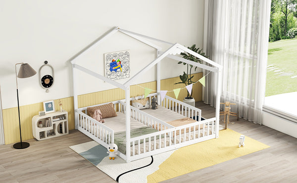 English Elm Double Twin House-Style Floor Bed with Fence Guardrails for Kids, Pine & Plywood Durable Design White W504P308460