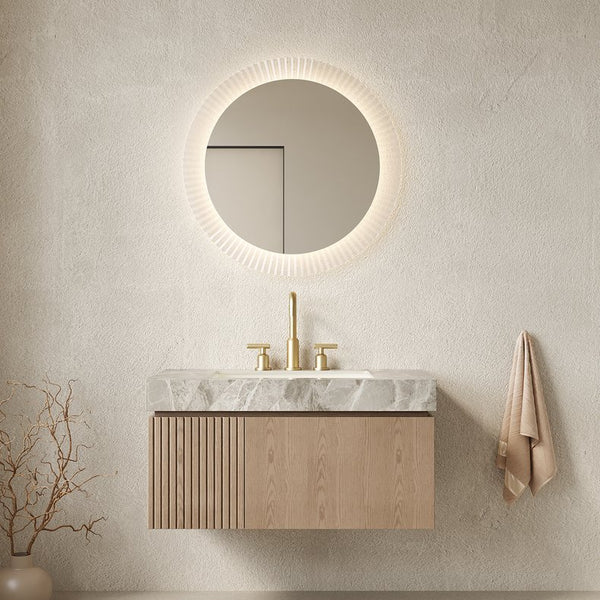 English Elm Muri Floating Bathroom Vanity Plywood Cabinet Sintered Stone Top Woodgrain Finish W2615S00601