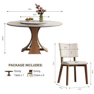 English Elm 59-Inch Modern Sintered Stone Dining Table Set With 35-Inch Turntable, Seats 6-8, Walnut Base Style W509S00131