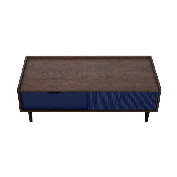 English Elm Duane 47" Coffee Table with Ribbed Wood Grain Laminate, Full-Extension Drawer & Iron Feet Durable Design Navy Blue B365P398089