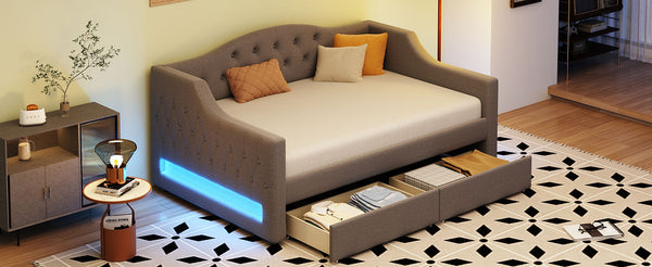 English Elm Upholstered Twin XL Daybed with LED Belt and Two Underbed Drawers, Linen Backrest, Modern Storage Elegance Gray DL002060AAE