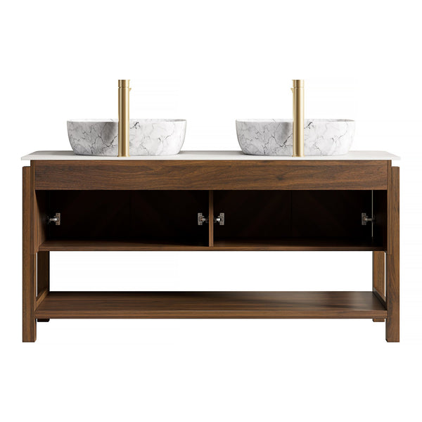 English Elm Dina 60 Inch Floating Bathroom Vanity Sintered Stone Top Dual Glass Basins Wood Grain W2615S00514