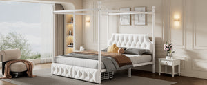 English Elm Queen Metal Canopy Platform Bed with Upholstered Velvet Headboard, Built-In Storage Drawers, White Elegance DL000656AAK