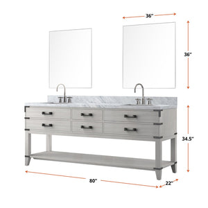 English Elm White Oak Double Bath Vanity Set With Carrara Marble Top, Chrome Faucets, And Matching Mirrors B2731S01908-GIGA