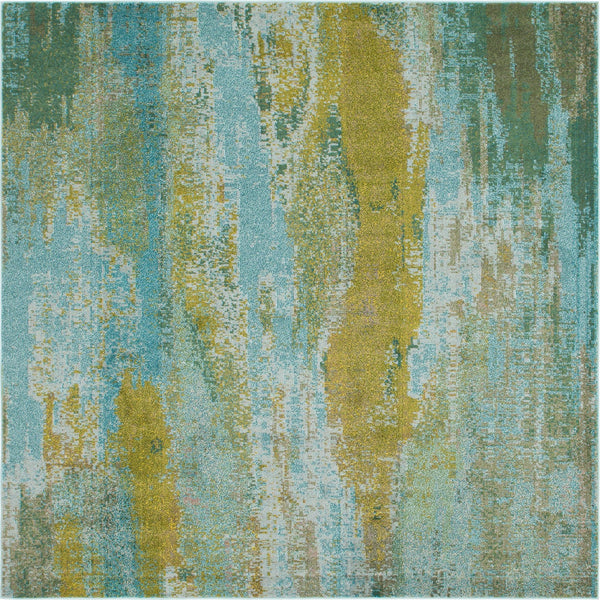 Unique Loom Jardin Lilly Machine Made Abstract Rug Turquoise, Gray/Green/Ivory/Olive/Turquoise/Yellow/Light Blue 8' 0" x 8' 0"