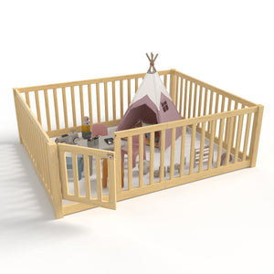 English Elm Twin Floor Bed Pine Wood Frame with Guardrails and Door for Safe Toddler Sleep Natural W1580P417671