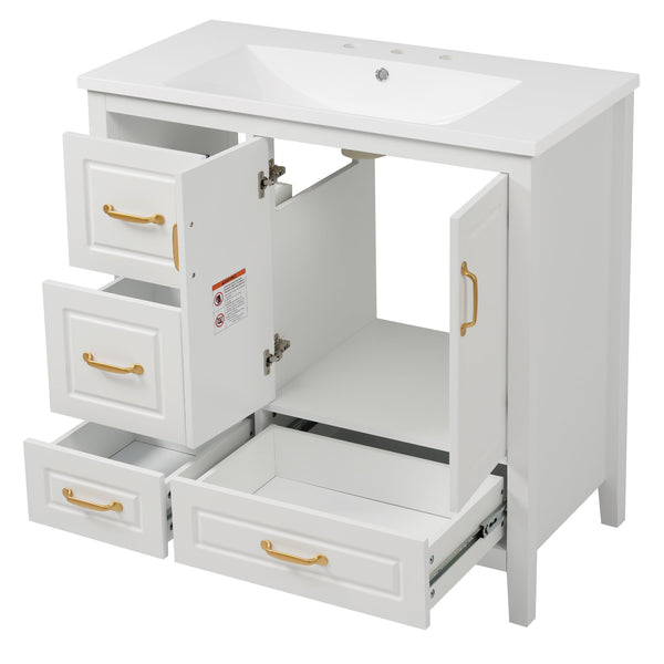 English Elm Christopher Knight Home® - 36" Freestanding Bathroom Vanity with Resin Sink, Soft-Close Doors & Drawers, Gold Alloy Handles, Spacious Storage and Easy Plumbing Access White N759P292552K