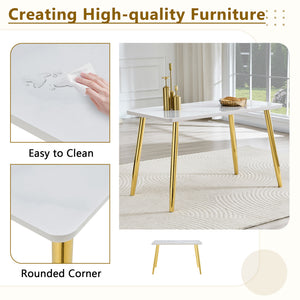 English Elm Table and Chair Set Marble Glass Top Gold Legs with Four Pu Leather Dining Seats W1151S04634