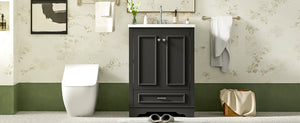 English Elm 24'' Bathroom Vanity with Ceramic Sink Combo Modern Freestanding MDF Cabinet with Soft-Close Doors and Sleek Silver Handles for Spacious Organized Bathroom Storage Black N710P194893B