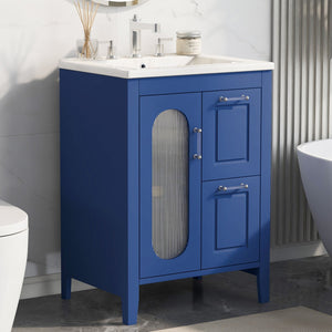 English Elm 24" Modern Bathroom Vanity with Ceramic Sink, Solid Wood & MDF Cabinet, Two Drawers, Shelf Blue N725P245273C