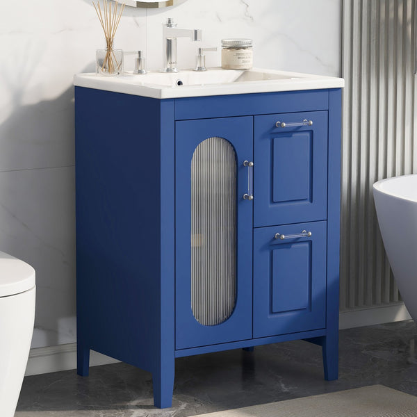 English Elm 24" Modern Bathroom Vanity with Ceramic Sink, Solid Wood & MDF Cabinet, Two Drawers, Shelf Blue N725P245273C