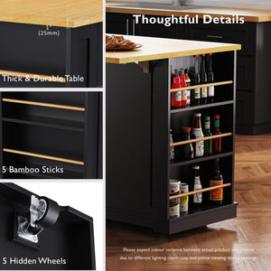 English Elm K&K 48 Inch Kitchen Island Cart with Drop Leaf, Built-In Power Station, Adjustable Shelves & Wheels Black N707P257057B