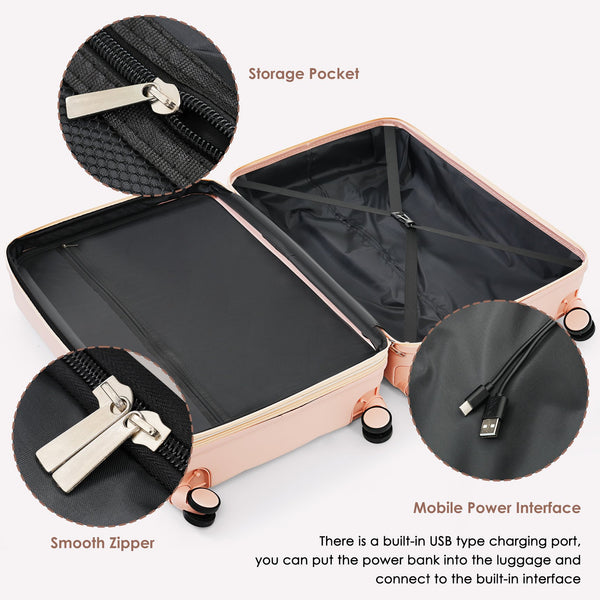 English Elm Luggage 3 Piece Abs Hard Shell Set with Usb Port Cup Holder and Spinner Wheels Pink N726P170956P