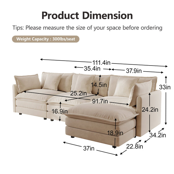 English Elm Free Modular Chenille Sectional Sofa with Reversible Ottoman for Spacious Living Rooms W714S00902
