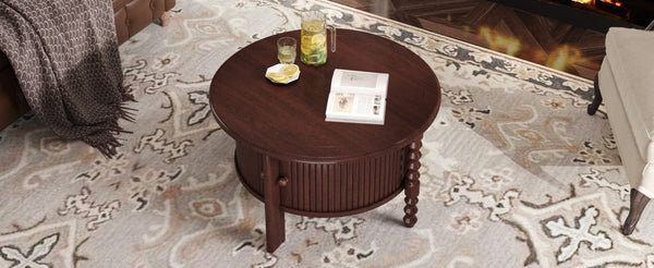 English Elm Vintage Round Coffee Table With Hidden Storage - Mid Century Modern Accent Table For Small Spaces N735P277387D-GIGA
