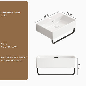 English Elm White Ceramic Wall Mount Bathroom Sink with Integrated Towel Rack for Small Spaces W3402P362473