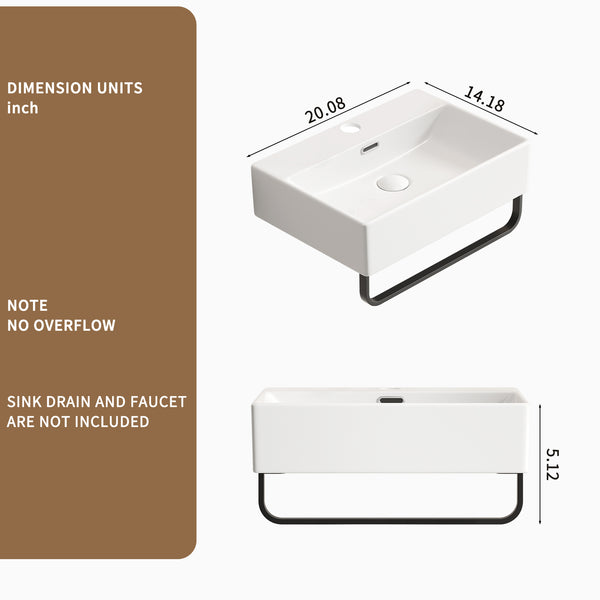 English Elm White Ceramic Wall Mount Bathroom Sink with Integrated Towel Rack for Small Spaces W3402P362473