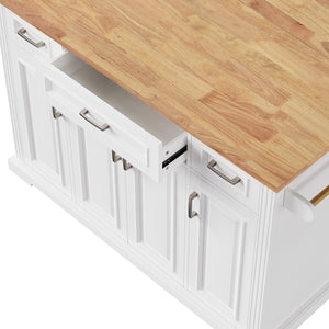 English Elm K&K 54" Farmhouse Kitchen Island with Embossed Texture, Drop Leaf, Soft-Close Drawers & Wheels White N707P195395W