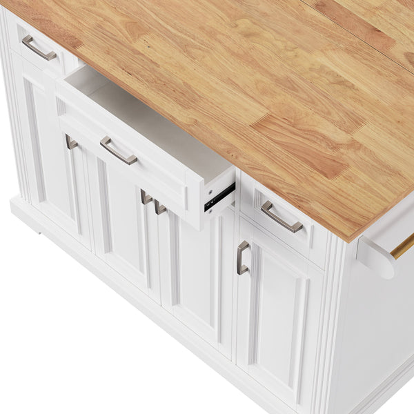 English Elm K&K 54" Farmhouse Kitchen Island with Embossed Texture, Drop Leaf, Soft-Close Drawers & Wheels White N707P195395W