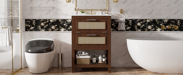 English Elm 24" Rattan Front Bathroom Vanity with Ceramic Sink Deep Drawer Storage Mdf Cabinet Dark Brown N710P293990P
