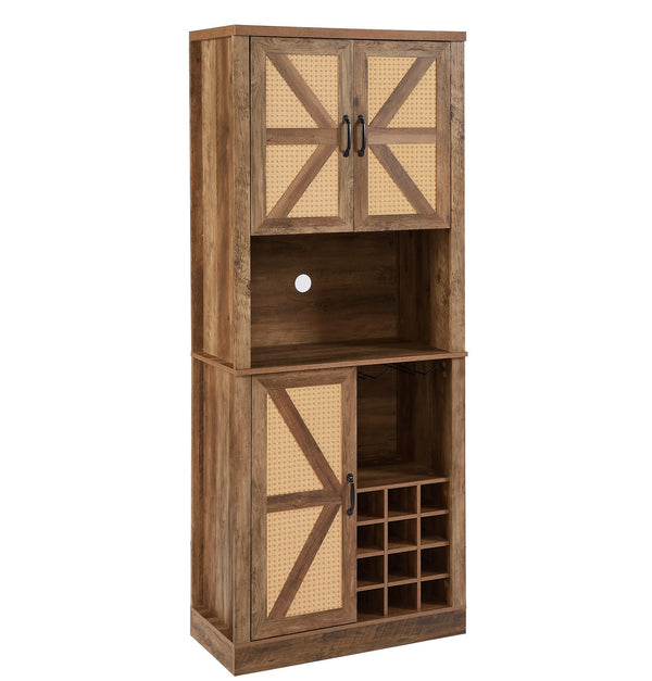 English Elm 76-Inch Rustic Oak Wine Cabinet with 12 Compartments, 3D Faux Rattan Doors, Glass Holders & Shelves W2702P183964