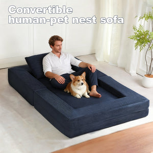 English Elm Compression Human Dog Sofa Bed 3-in-1 Folding Corduroy Floor Couch with Memory Foam Pillow for Living Room Dark Blue W3723P376785