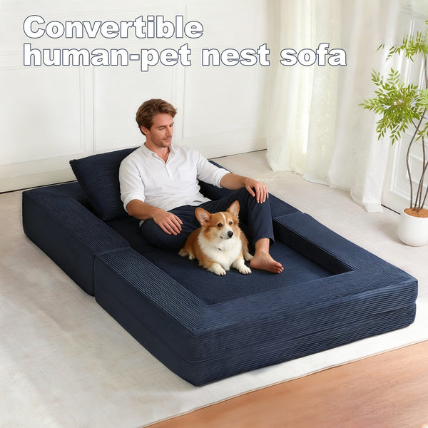 English Elm Compression Human Dog Sofa Bed 3-in-1 Folding Corduroy Floor Couch with Memory Foam Pillow for Living Room Dark Blue W3723P376785
