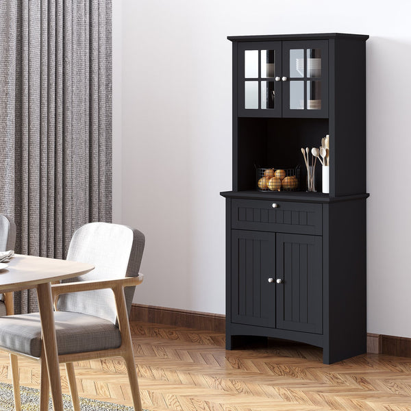 English Elm HOMCOM Elegant Kitchen Hutch Buffet with Adjustable Shelves, Framed Glass Doors, Microwave Nook, Black W2225P229572