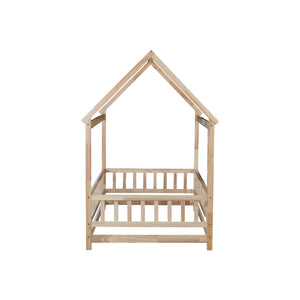 English Elm Twin House Frame Floor Bed Rubberwood with Roof Canopy and Safety Rails for Kids Natural W504P429345