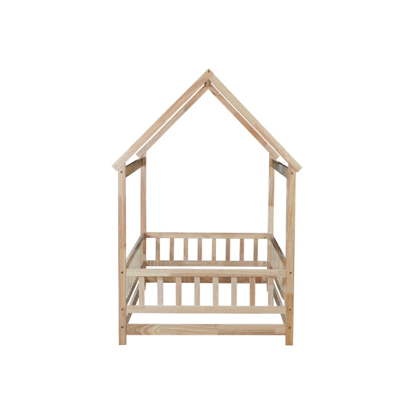 English Elm Twin House Frame Floor Bed Rubberwood with Roof Canopy and Safety Rails for Kids Natural W504P429345
